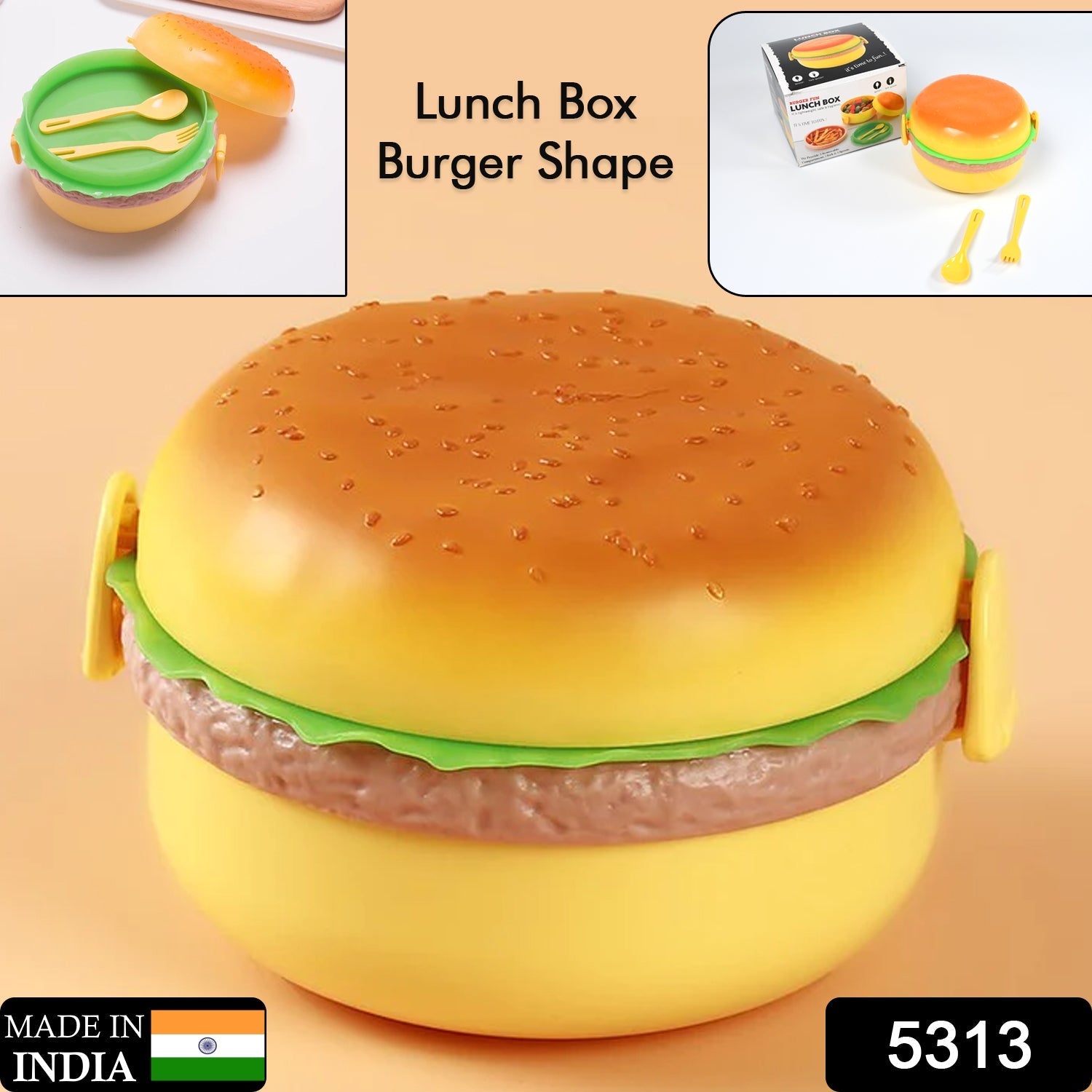 5313 Burger Shape Lunch Box Plastic Lunch Box Food Container Sets Double Layer Lunchbox 1000ml With 2 Spoon Applicable to Kids and Elementary School Students DeoDap