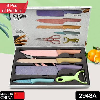 2948A Professional Colorful Kitchen Knives Set of 6 Pieces, Non-Stick Blades with High Carbon Stainless Steel, Sharp Kitchen Cutting Knives Set for Slicing, Paring and Cooking, Chef Kitchen Knives Set