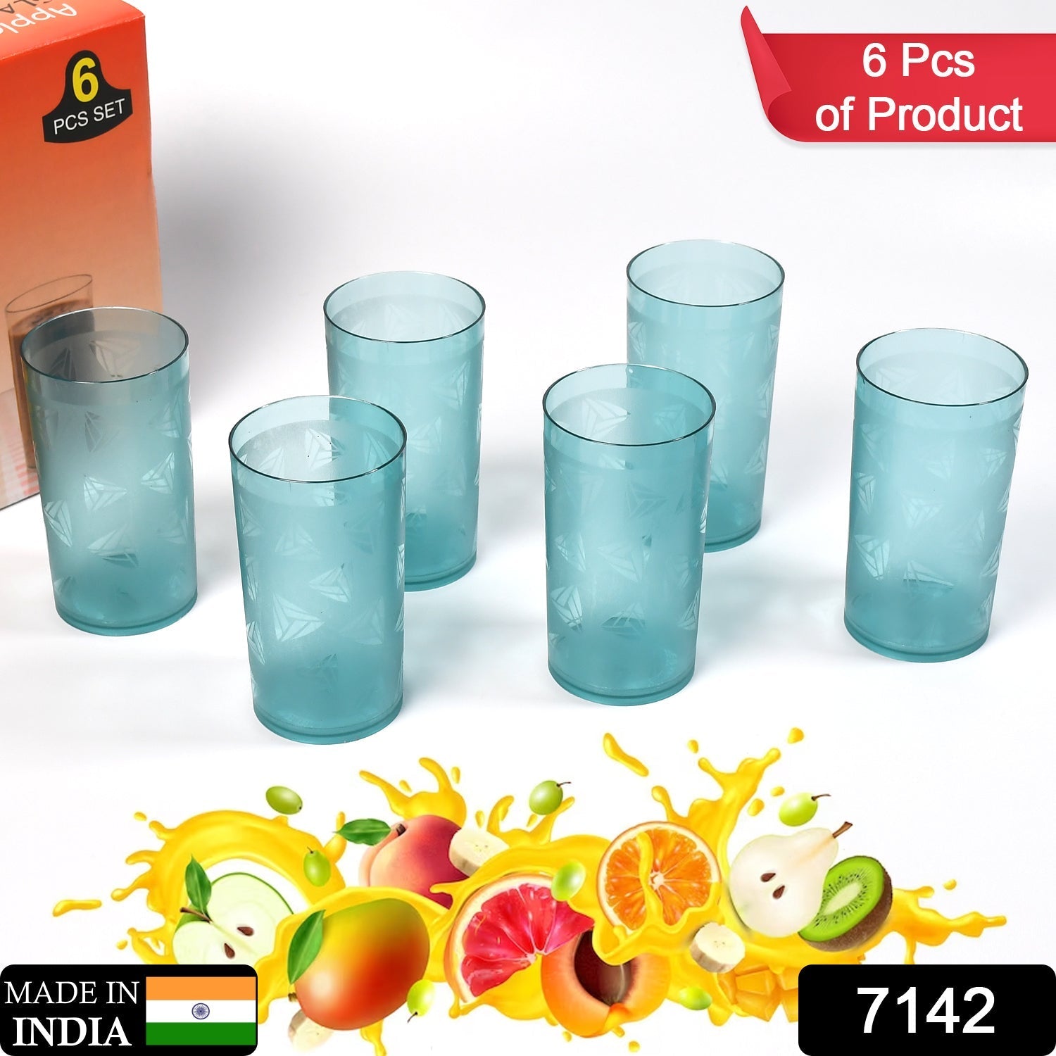 7142 Round Plastic Water Glass Juice Beer Wine Plastic Unbreakable Transparent Glass Set ( 300ml 6pc ) DeoDap