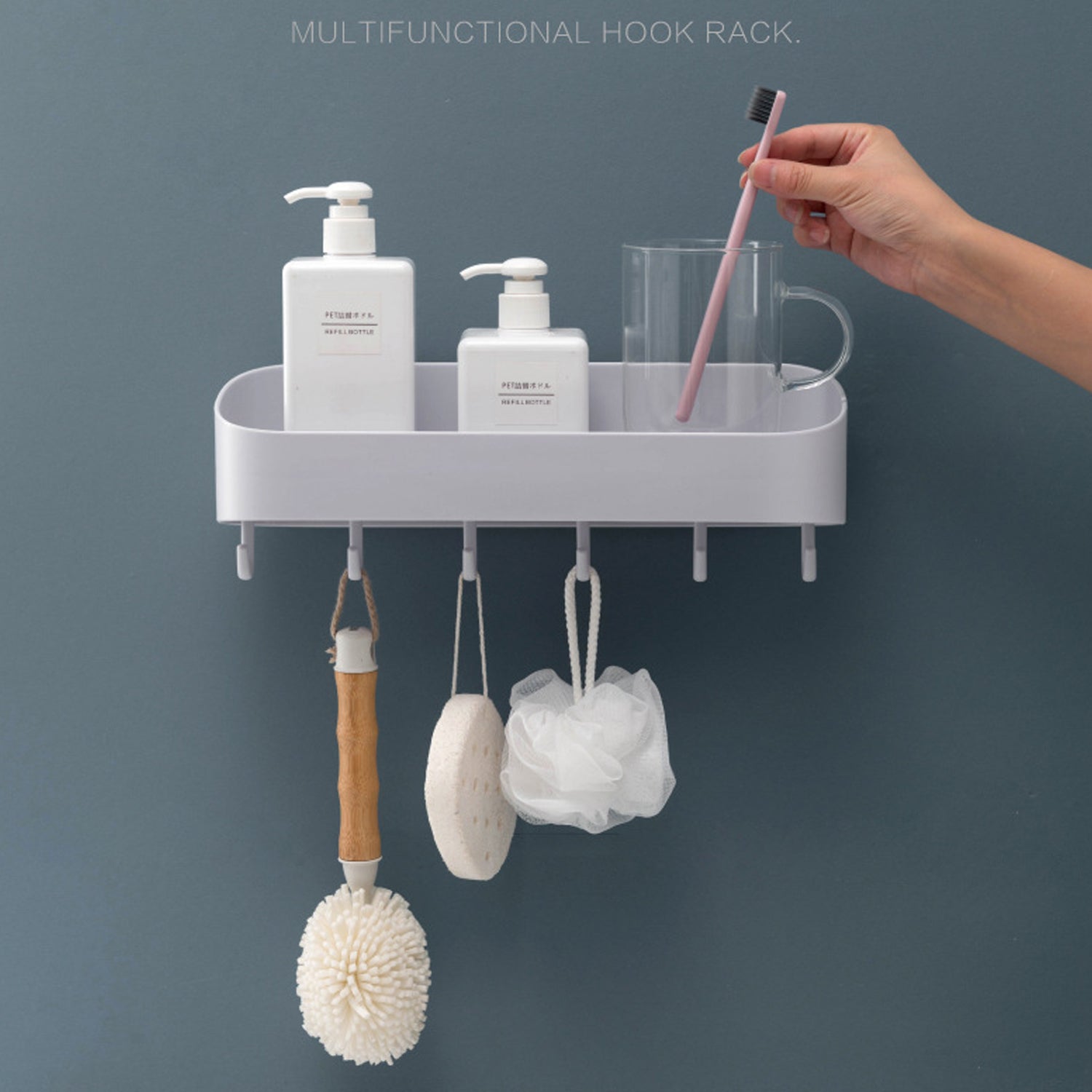 4058A BATHROOM KITCHEN SHELF PLASTIC WALL STORAGE ORGANIZER WITH 6 HOOKS WITHOUT DRILL SELF ADHESIVE AND MAGIC STICKER 