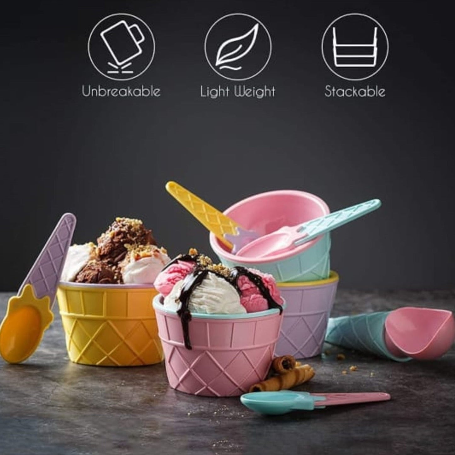 5320 Ice-Cream Waffle Spoon Bowel Cup Set | Premium ice Cream Set | Ice-Cream Bowel with Spoon 2pc Couple Bowl Set DeoDap