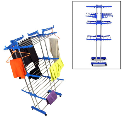 0733B Folding Double Supported 3 Layer Cloth Drying Stand Laundry Dryer Hanger with Breaking Wheels for Balcony Indoor and Outdoor Home, Steel