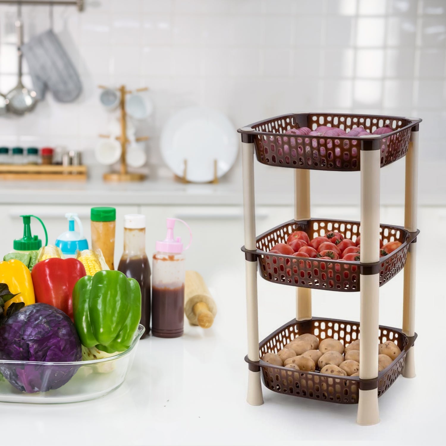 7141 Multi-Purpose 3tier Square Shape Kitchen Storage Basket Rack for Kitchen, Bedroom, Bathroom, Home, Pantry, Washing & Utility Area DeoDap