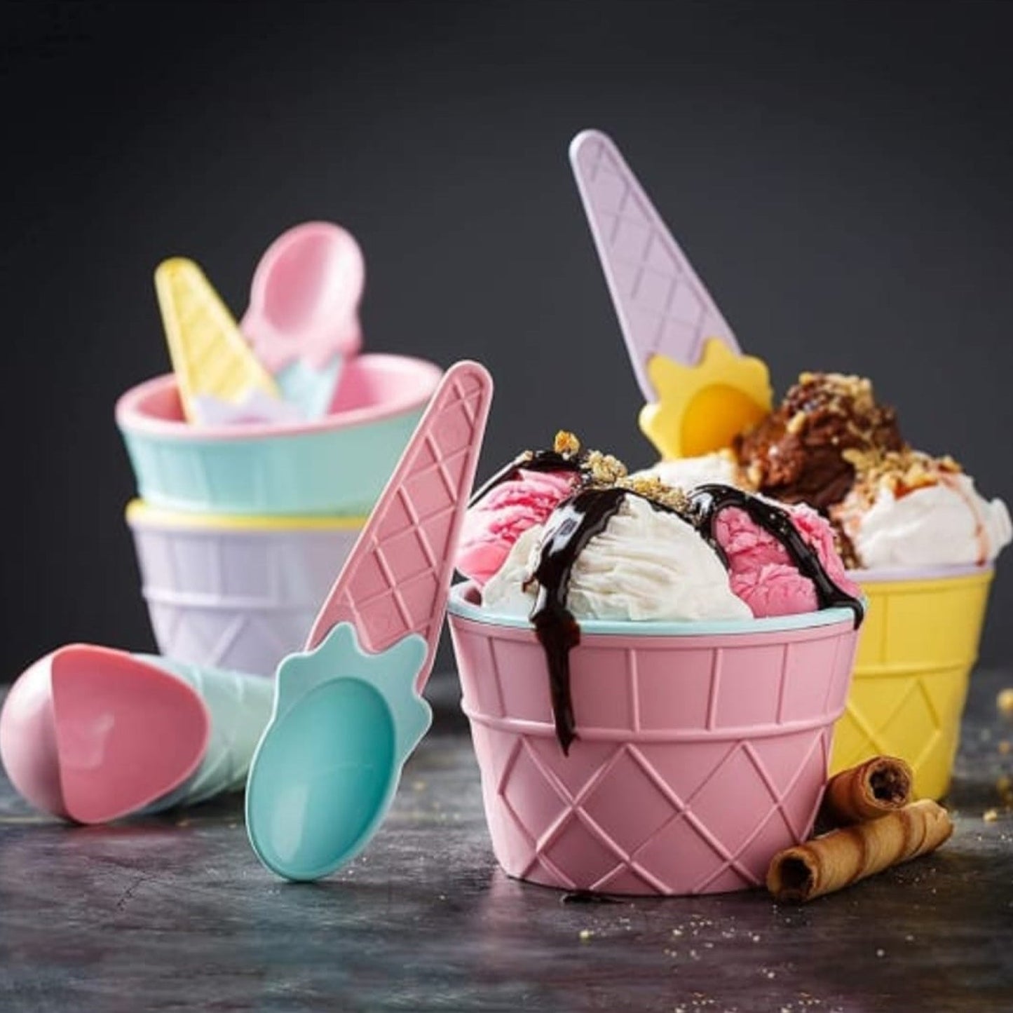 5319  4 pc Ice Cream Bowl Plastic Solid Colour Cream Cup Couple Bowl with Spoon. Ice Cream Spoon & Bowl Set, 4 Pc Set of Ice Cream Bowl & Spoon (Multi Color) DeoDap