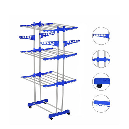 0733B Folding Double Supported 3 Layer Cloth Drying Stand Laundry Dryer Hanger with Breaking Wheels for Balcony Indoor and Outdoor Home, Steel