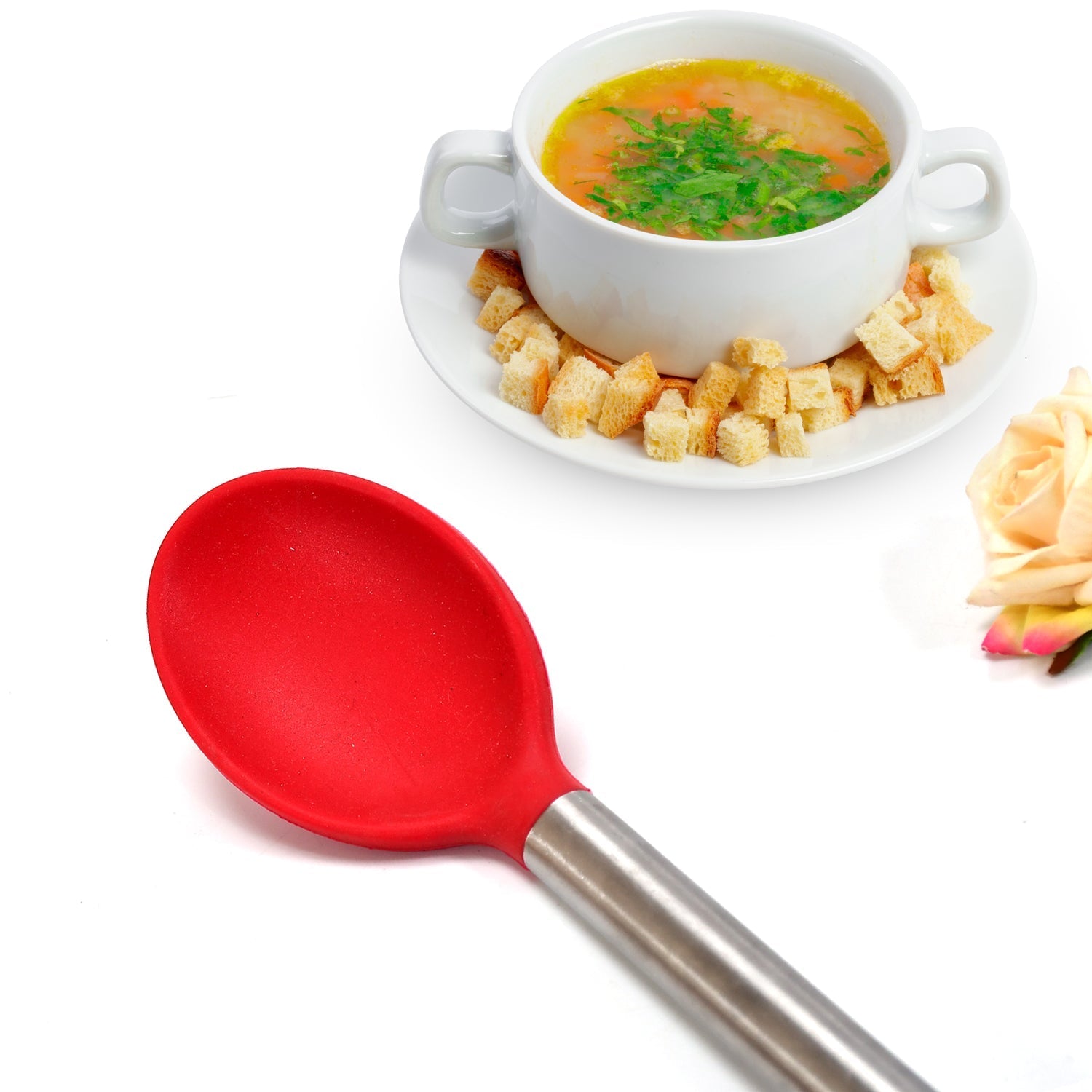 2899 Silicone Serving Spoon with Heat Resistant Silicone Covering Head and Stay-Cool Stainless Steel Handle DeoDap