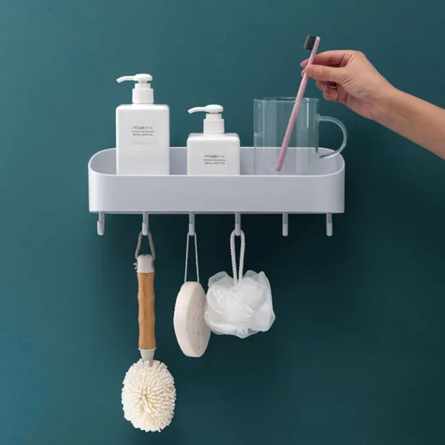 4058A BATHROOM KITCHEN SHELF PLASTIC WALL STORAGE ORGANIZER WITH 6 HOOKS WITHOUT DRILL SELF ADHESIVE AND MAGIC STICKER 