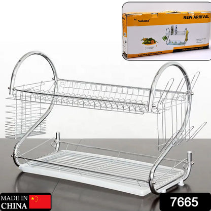 7665 Two Layer Dish Drying Rack with Drain Board Dish Rack with Utensil Holder DeoDap