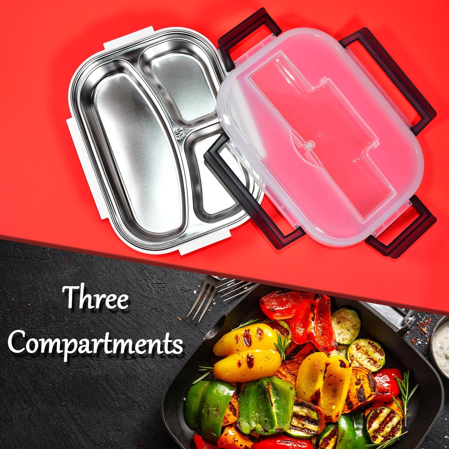 2977 Lunch Box for Kids and adults, Stainless Steel Lunch Box with 3 Compartments With spoon slot. DeoDap