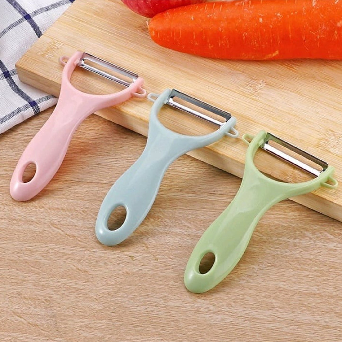 5207 Plastic Kitchen Peeler - Green & Classic Stainless Steel 3-Piece Knife Set Combo DeoDap