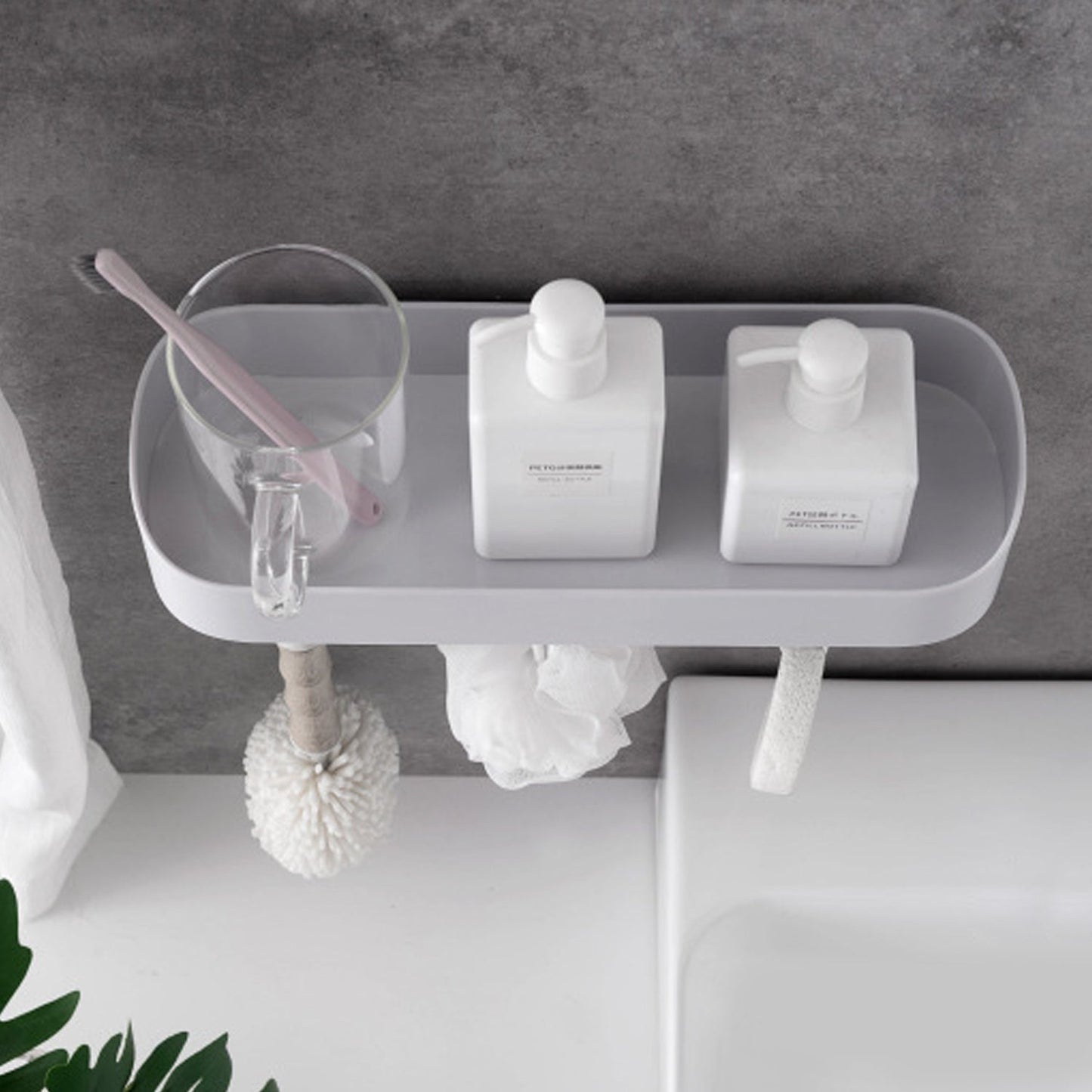 4058A BATHROOM KITCHEN SHELF PLASTIC WALL STORAGE ORGANIZER WITH 6 HOOKS WITHOUT DRILL SELF ADHESIVE AND MAGIC STICKER 