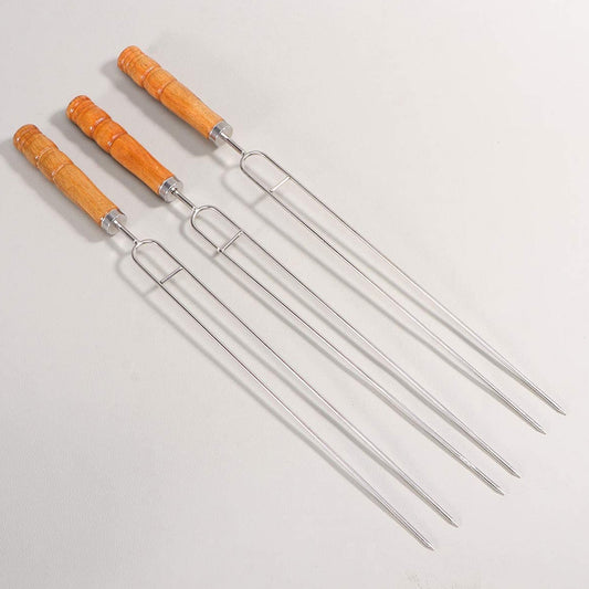 2878 Stainless Steel Double Prongs Roasting Stick BBQ Barbecue Fork Kebab Skewers Wooden Handle DeoDap