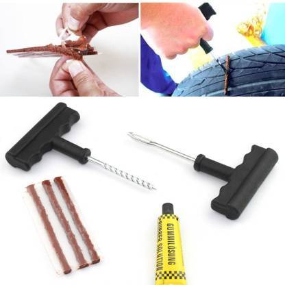 1513 Puncture Repair Kit Tubeless Tyre Full Set with Nose Pliers, Rubber Cement and Extra Strips for Cars, Bikes DeoDap