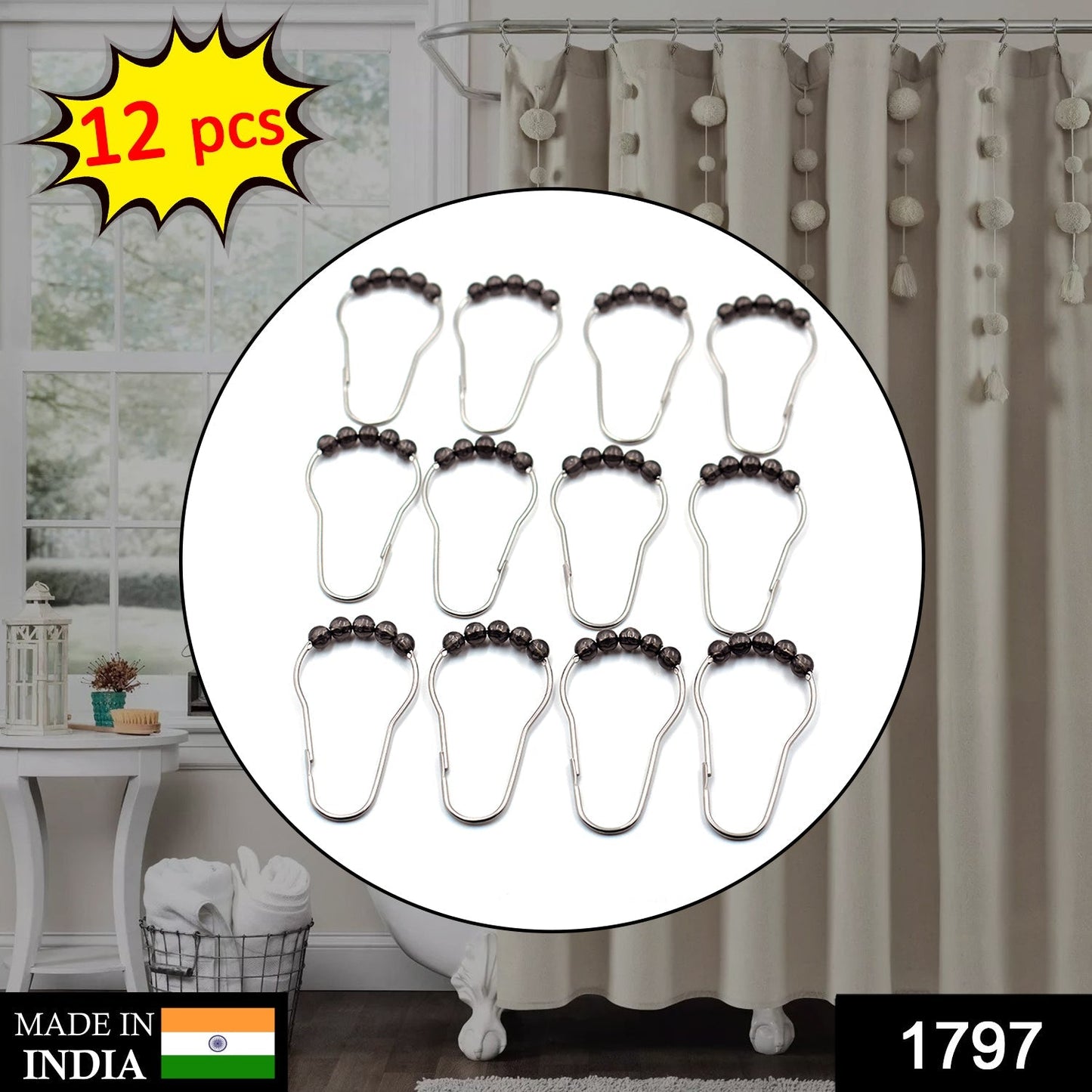 1797 Stainless Steel Bath Drape Clasp Curtain Hooks (Pack of 12 Pcs) DeoDap