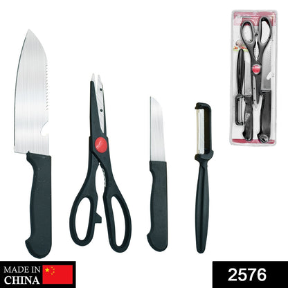 2576 Stainless Kitchen Tool Set (Butcher Knife, Standard Knife, Peeler and Kitchen Scissor) - 4 Pcs DeoDap