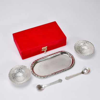 2947A Silver Plated 2 Bowl 2 Spoon Tray Set Brass with Red Velvet Gift Box Serving Dry Fruits Desserts Gift, Bartan DeoDap