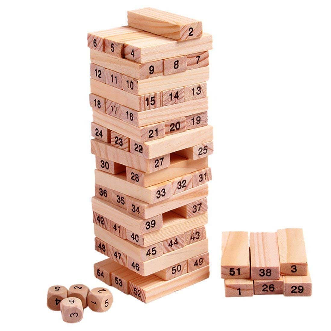 1911 54 Pcs Blocks 4 Dices Wooden Tumbling Stacking Building DeoDap