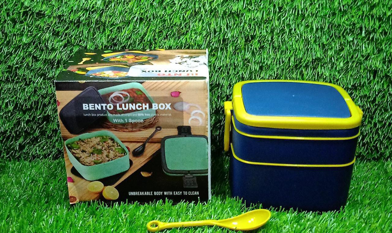 2838A BLUE DOUBLE-LAYER PORTABLE LUNCH BOX STACKABLE WITH CARRYING HANDLE AND SPOON LUNCH BOX , Bento Lunch Box