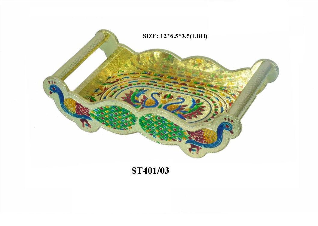 2125 Peacock Design Glass with Handle and Handicraft Serving Tray Set DeoDap