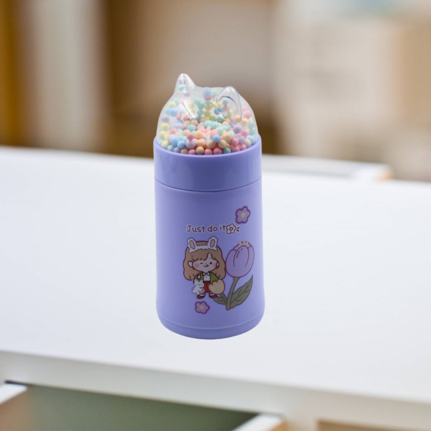 6953 Girl Glass Water Bottle for School with Kid Sparkle Strap Cat Lid Sequins Glitter Glass Cup Birthday Gift Children 350ml (MOQ :- 80 pc)