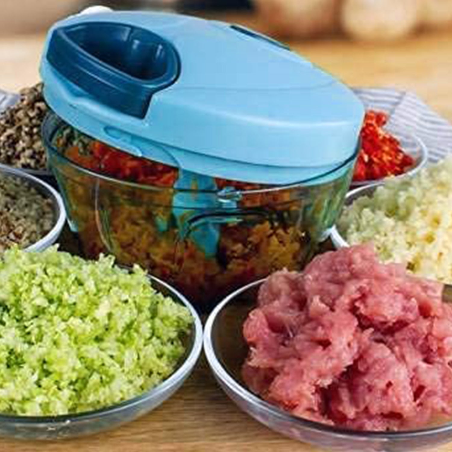 2072 3 BLADE MANUAL BLUE FOOD CHOPPER, COMPACT & POWERFUL HAND HELD VEGETABLE CHOPPER. 