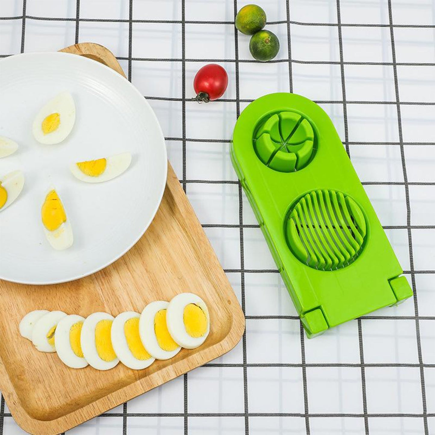 2006 2 in 1 Double Cut Boiled Egg cutter with stainless steel wire for easy slicing of boiled eggs. DeoDap