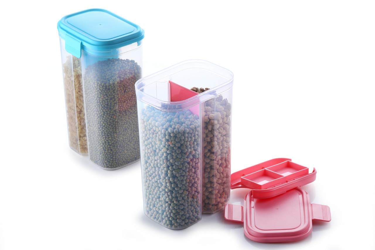 2147 Plastic 2 Sections Air Tight Transparent Food Grain Cereal Storage Container (2 ltr) DeoDap