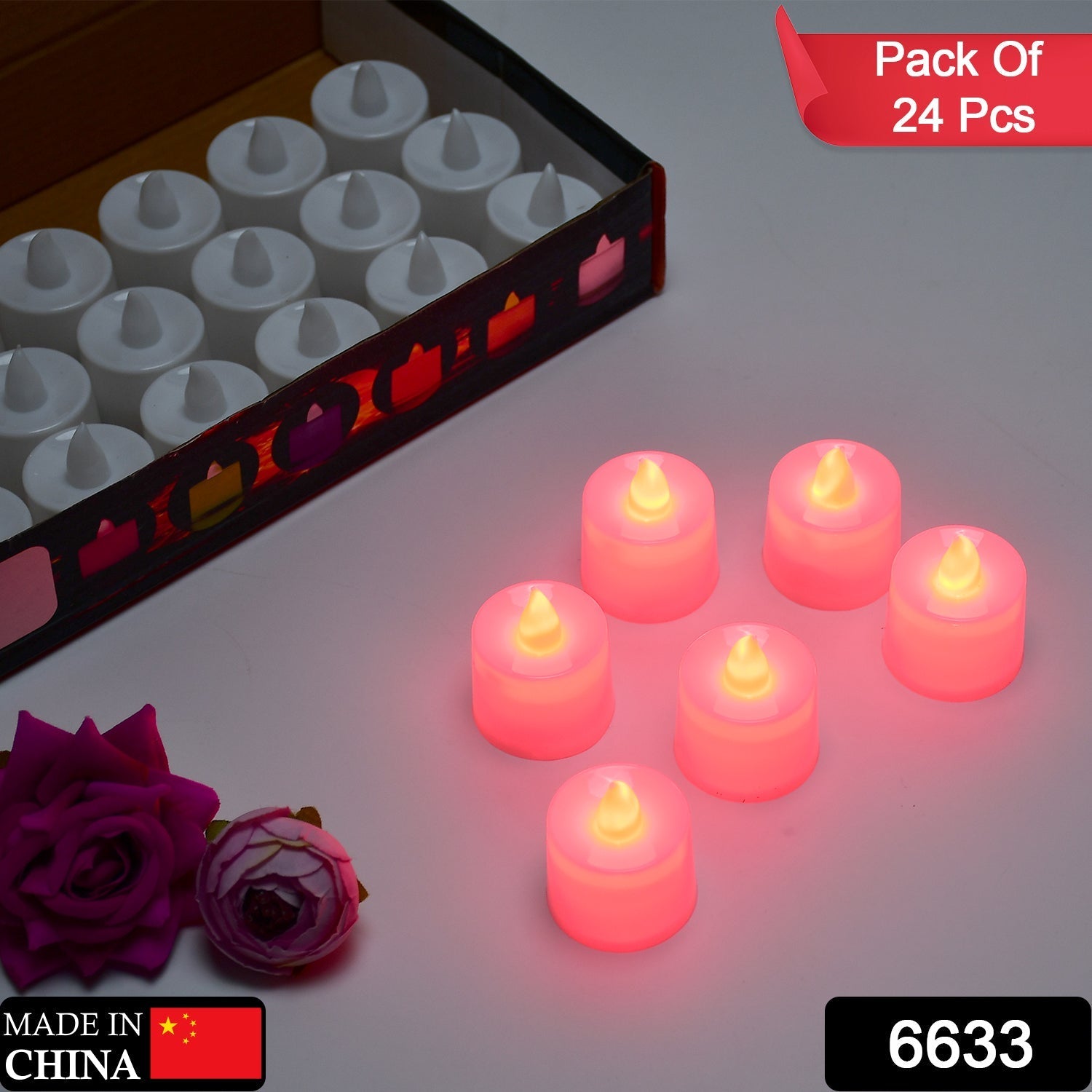 6633 Red Flameless LED Tealights, Smokeless Plastic Decorative Candles - Led Tea Light Candle For Home Decoration (Pack Of 24) DeoDap