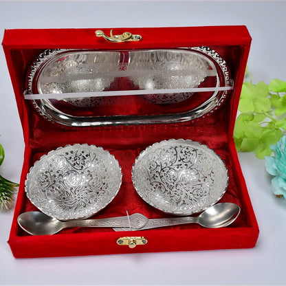 2947A Silver Plated 2 Bowl 2 Spoon Tray Set Brass with Red Velvet Gift Box Serving Dry Fruits Desserts Gift, Bartan DeoDap