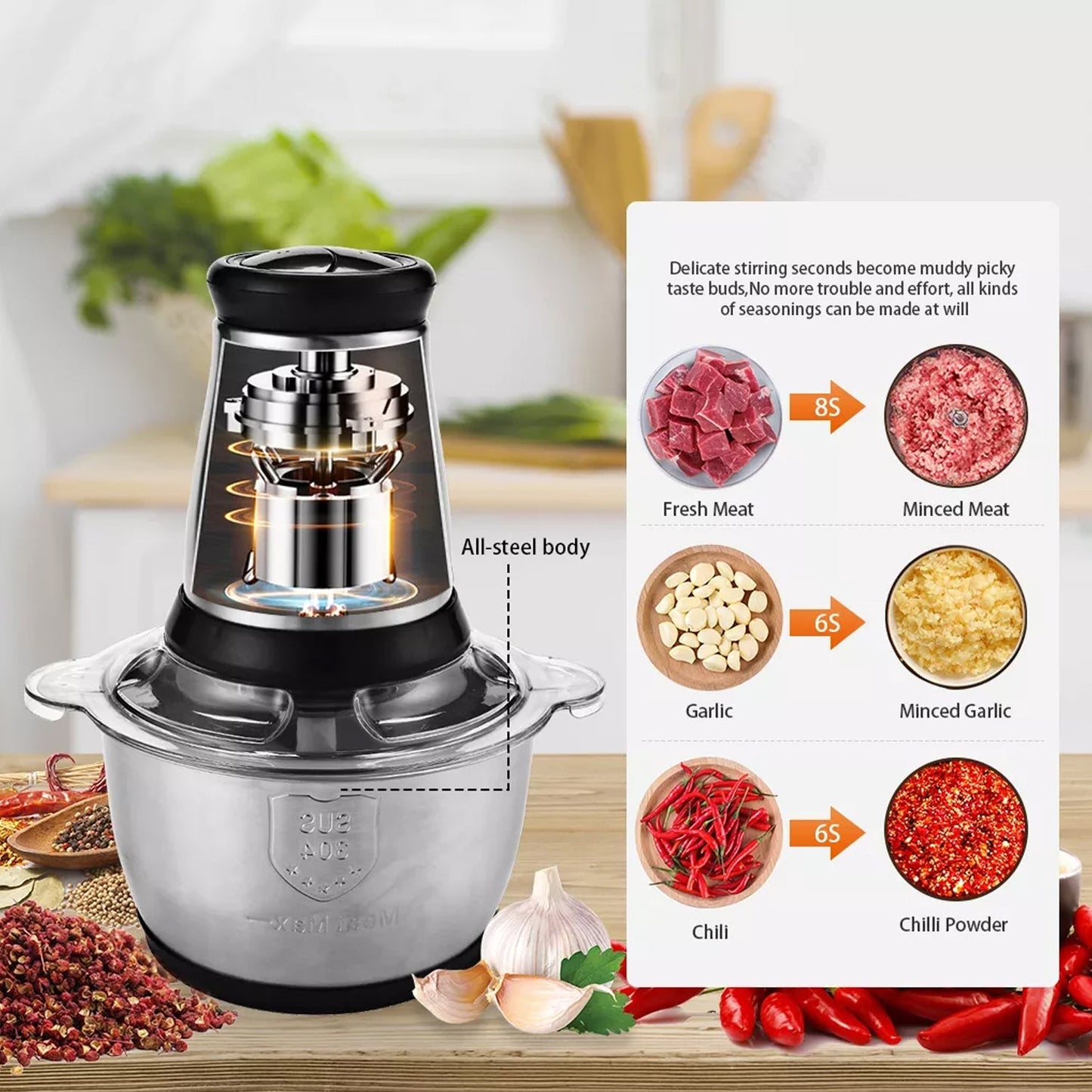 5104 3Ltr Electric Food Processor Stainless Steel Onion Cutter Multi Chopper 2 Speed Levels 5 Blades Universal Chopper for kitchen DeoDap