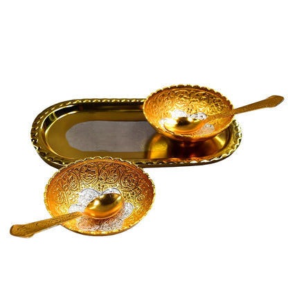 2947 Gold Silver Plated 2 Bowl 2 Spoon Tray Set Brass with Red Velvet Gift Box Serving Dry Fruits Desserts Gift DeoDap