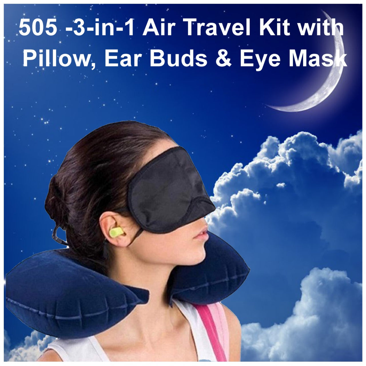 505 -3-in-1 Air Travel Kit with Pillow, Ear Buds & Eye Mask Mishwa DeoDap WITH BZ LOGO