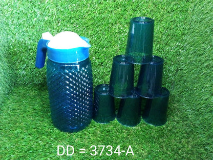 3734A Unbreakable Plastic Drinking Water/Juice Jug and 6 pieces Glass (Assorted color) DeoDap